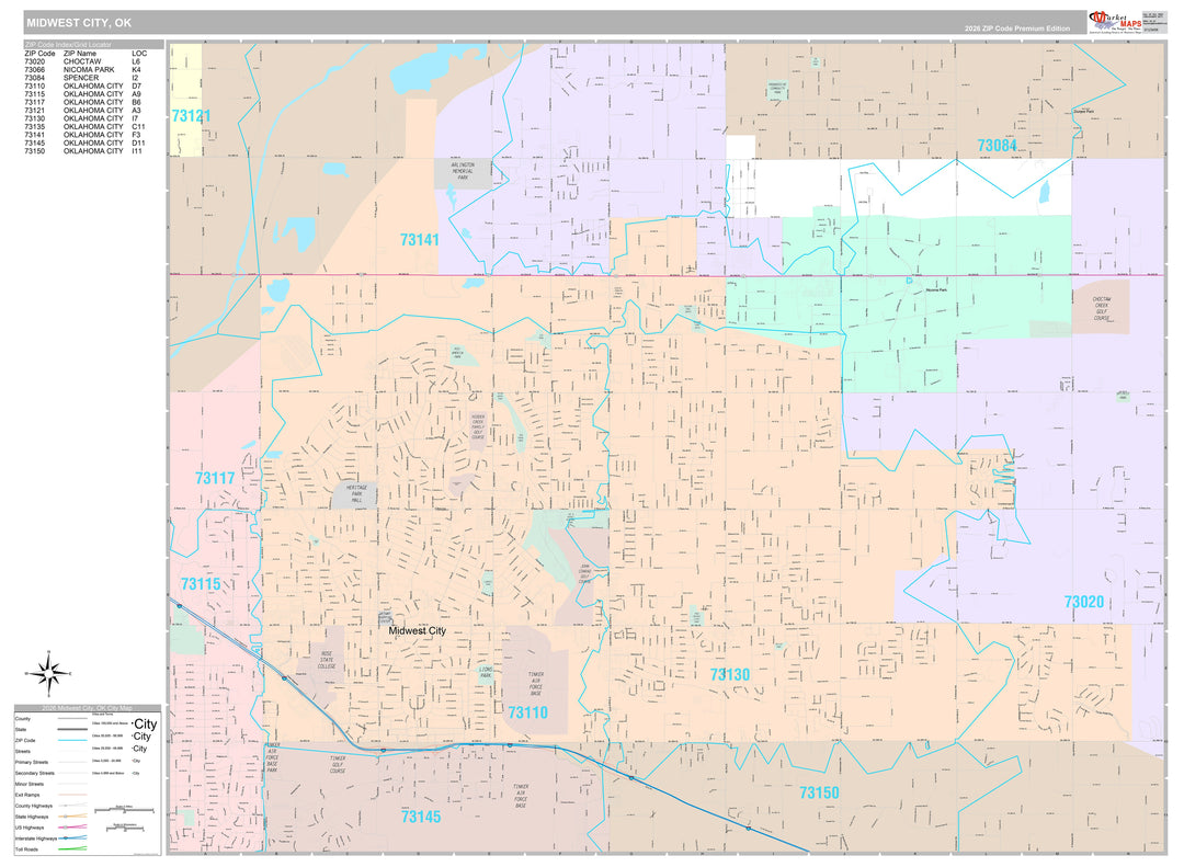 Premium Style Wall Map of Midwest City, OK