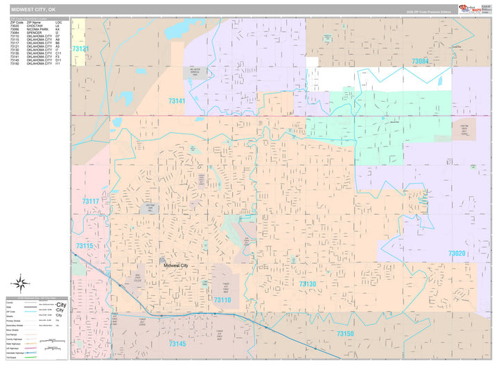 Premium Style Wall Map of Midwest City, OK