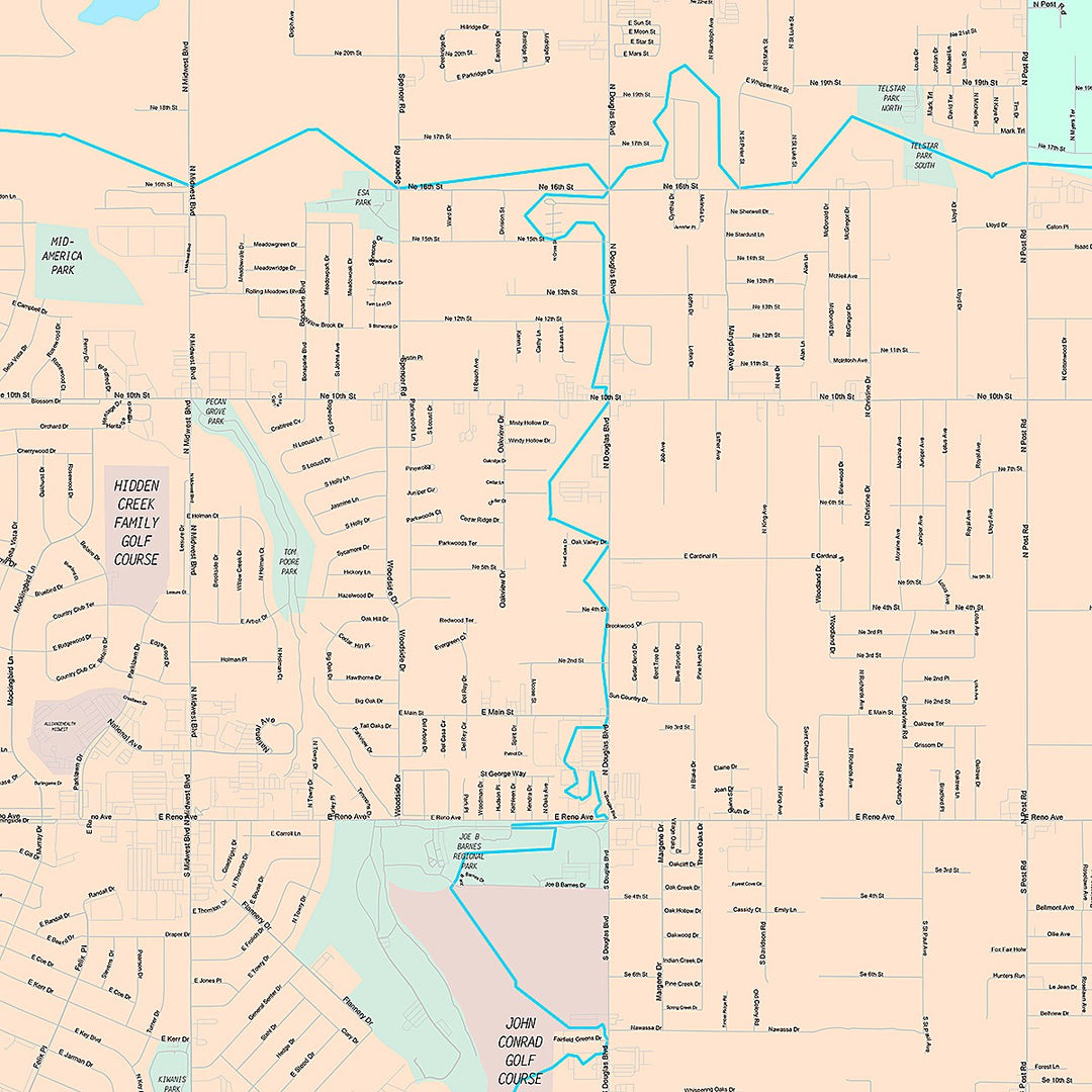Premium Style Wall Map of Midwest City, OK