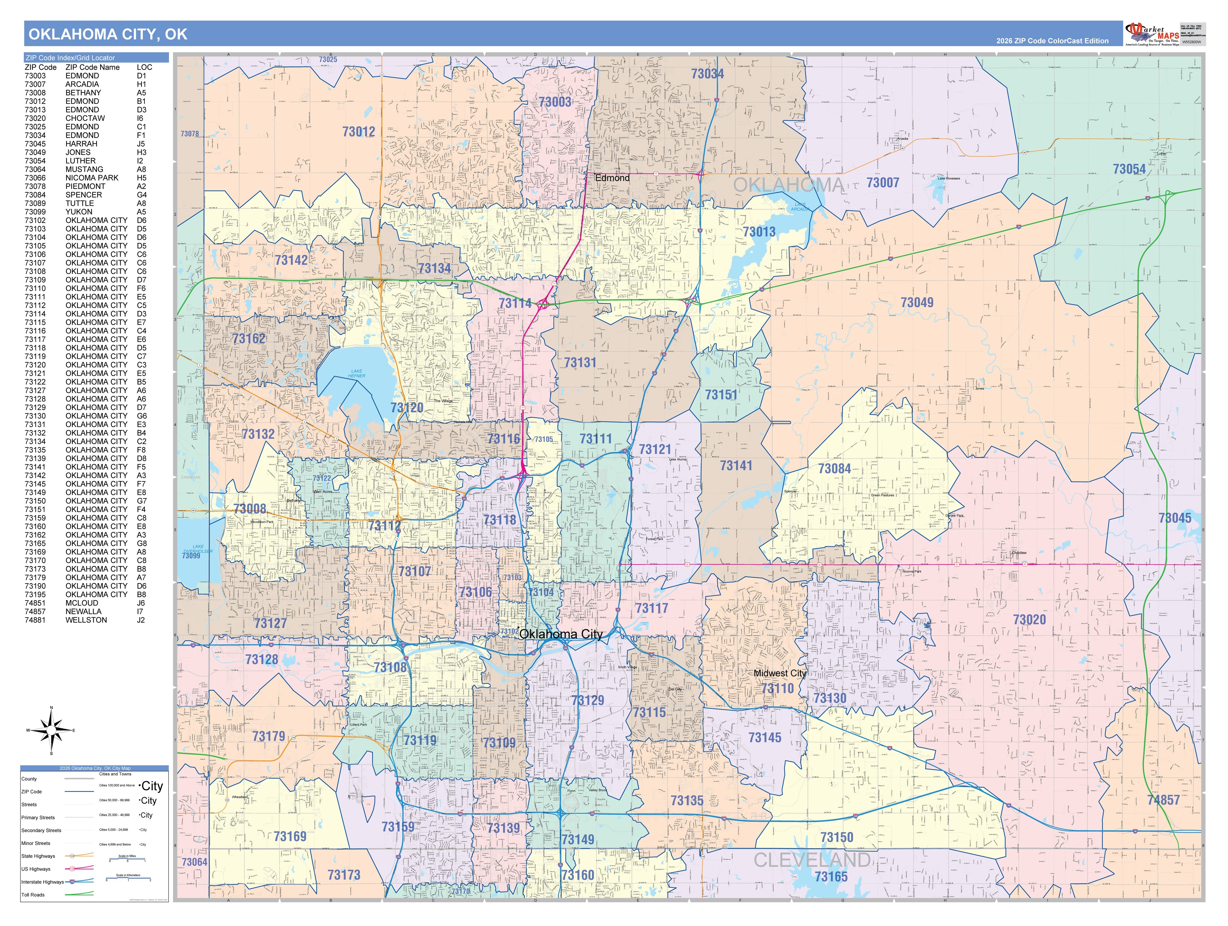 Color Cast Zip Code Style Wall Map of Oklahoma City, OK – American Map ...
