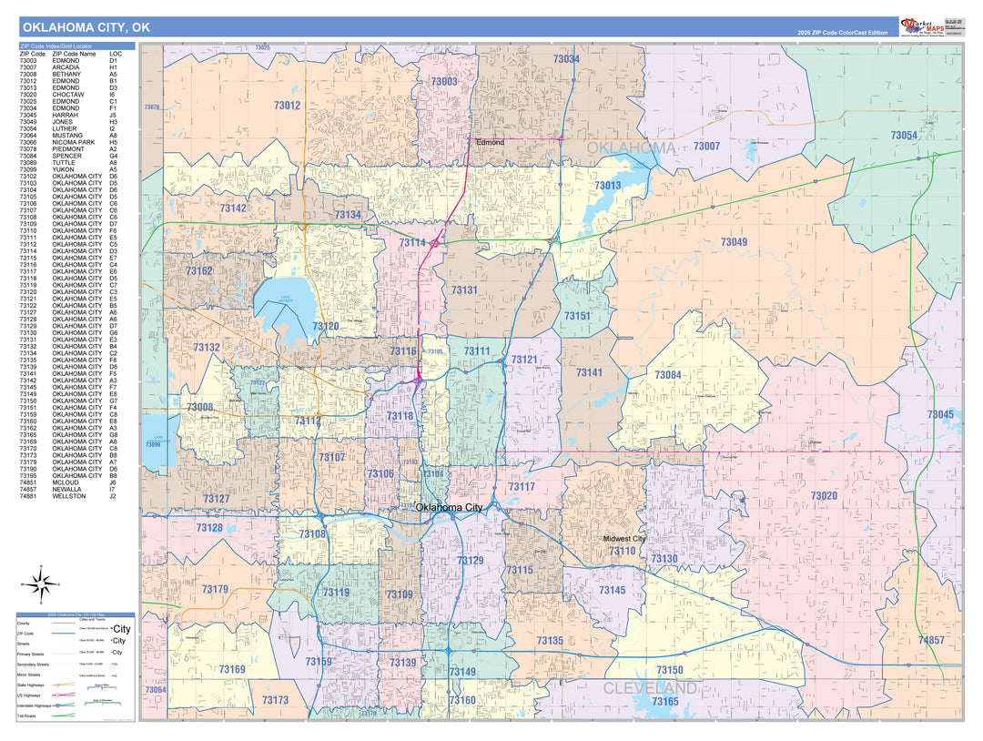 Color Cast Zip Code Style Wall Map of Oklahoma City OK
