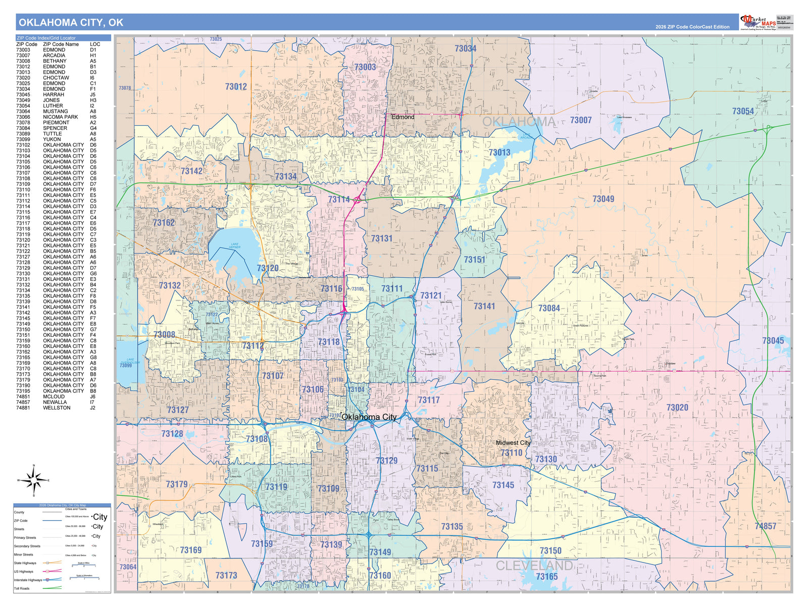 Color Cast Zip Code Style Wall Map of Oklahoma City OK