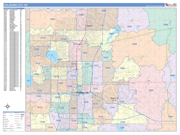 Color Cast Zip Code Style Wall Map of Oklahoma City OK