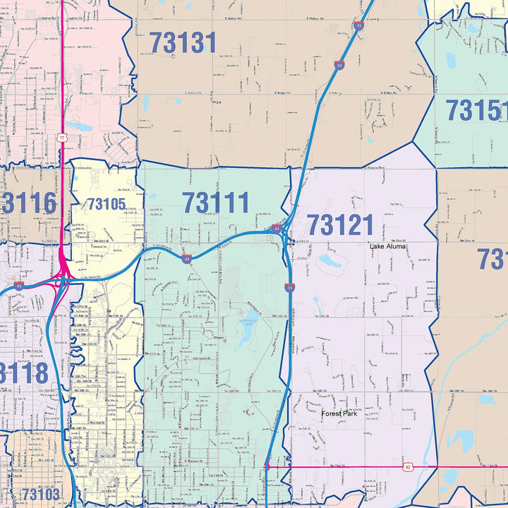 Color Cast Zip Code Style Wall Map of Oklahoma City OK