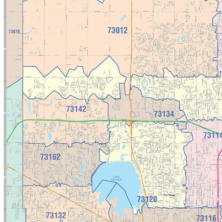 Color Cast Zip Code Style Wall Map of Oklahoma City OK