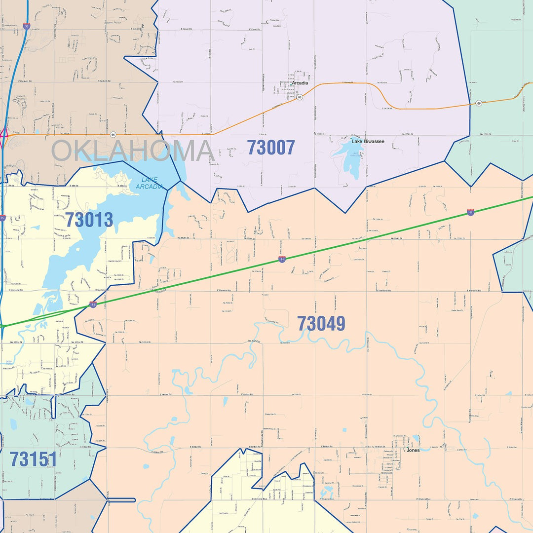 Color Cast Zip Code Style Wall Map of Oklahoma City OK