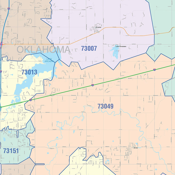 Color Cast Zip Code Style Wall Map of Oklahoma City OK