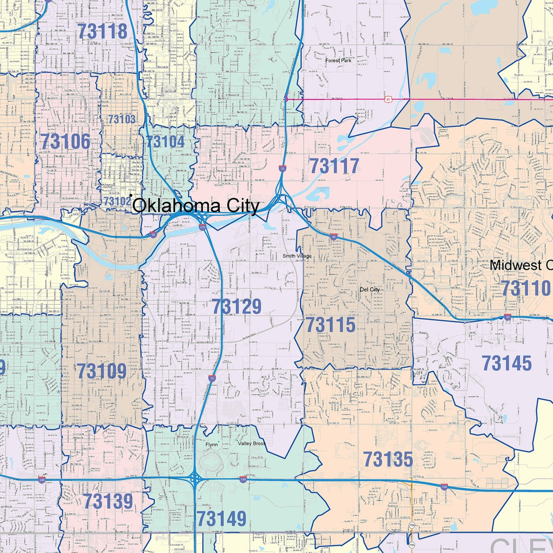 Color Cast Zip Code Style Wall Map of Oklahoma City OK