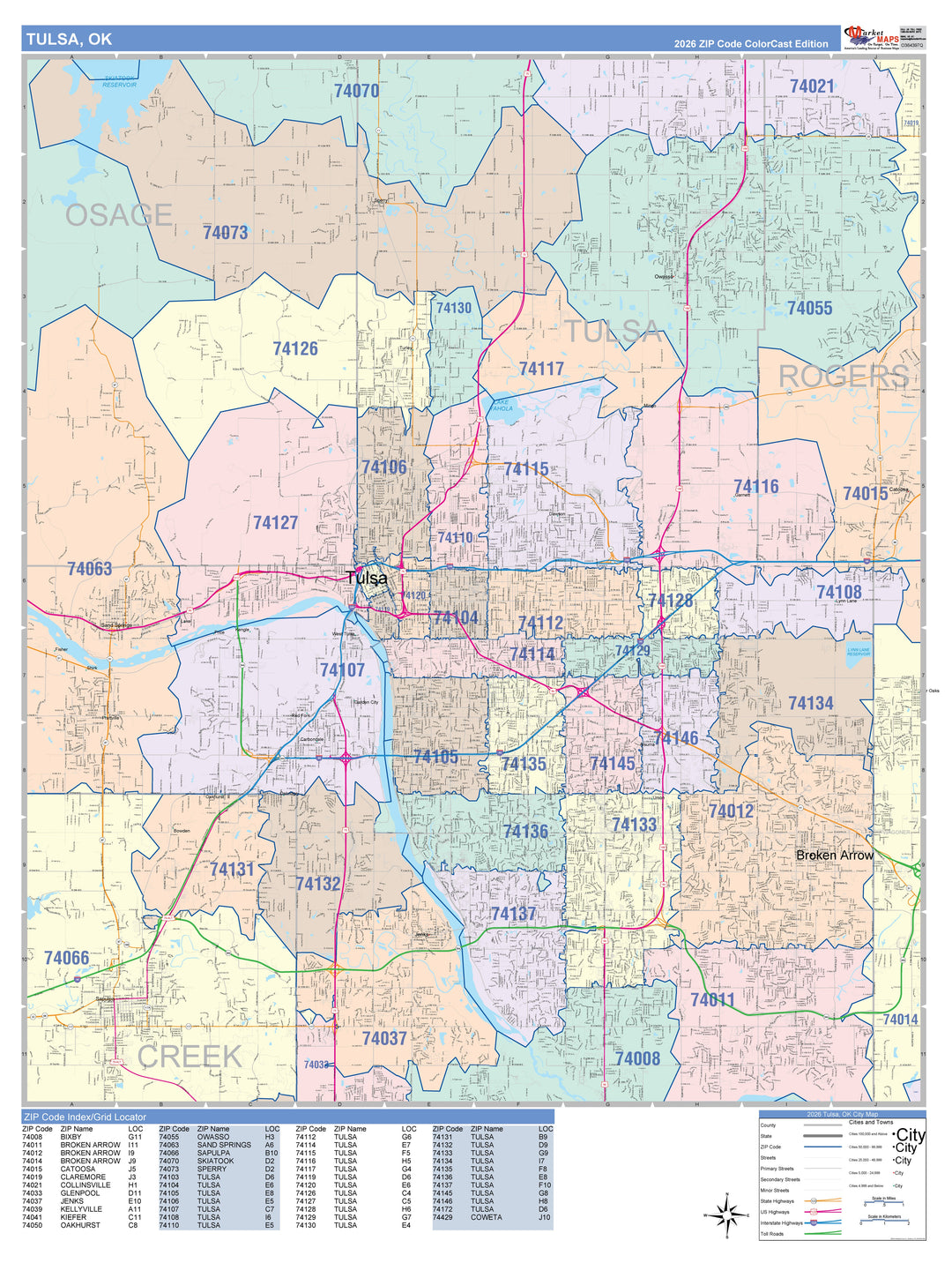Color Cast Zip Code Style Wall Map of Tulsa OK