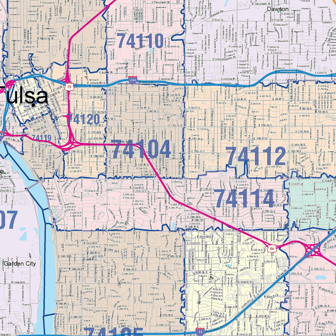 Color Cast Zip Code Style Wall Map of Tulsa OK