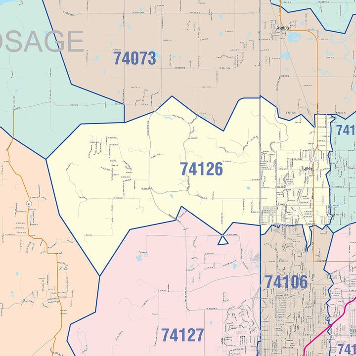 Color Cast Zip Code Style Wall Map of Tulsa OK