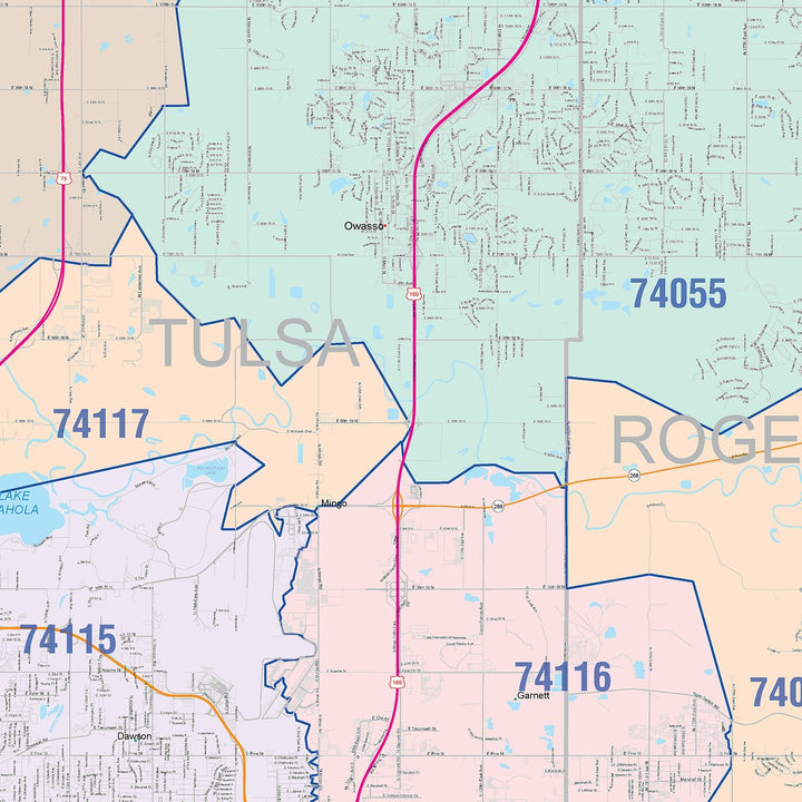 Color Cast Zip Code Style Wall Map of Tulsa OK
