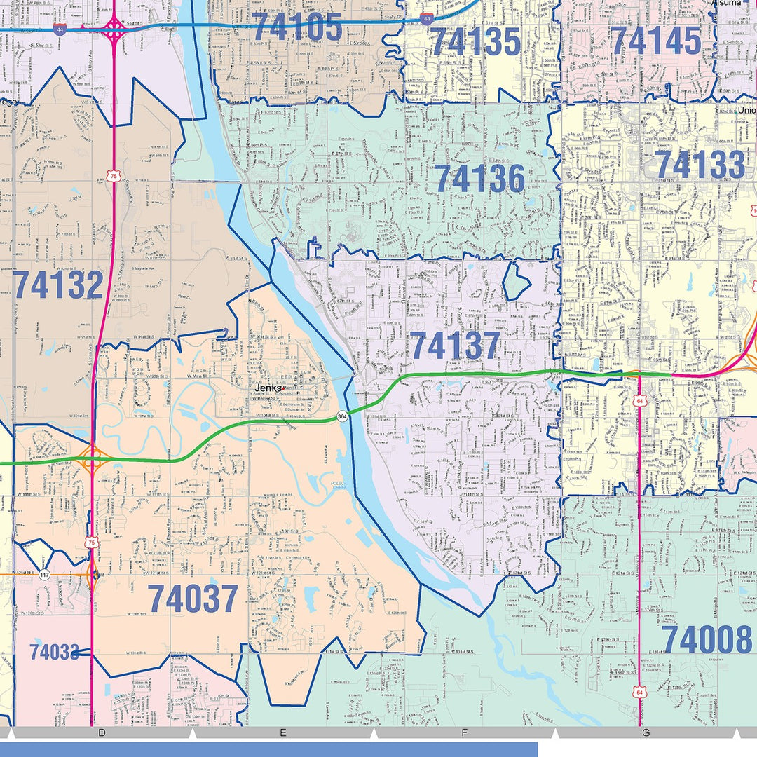 Color Cast Zip Code Style Wall Map of Tulsa OK