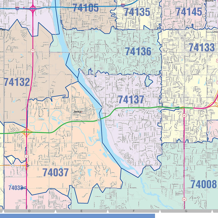 Color Cast Zip Code Style Wall Map of Tulsa OK