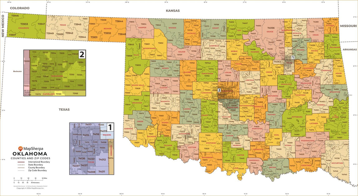 Oklahoma Zip Code Map with Counties – American Map Store