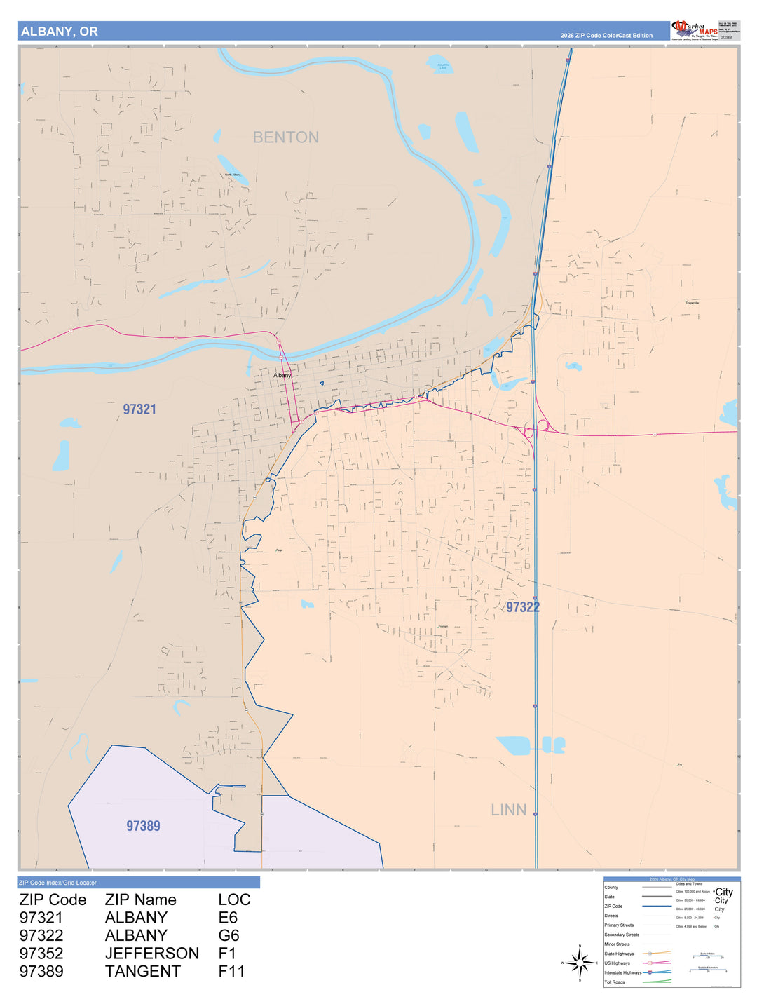 Color Cast Zip Code Style Wall Map of Albany, OR