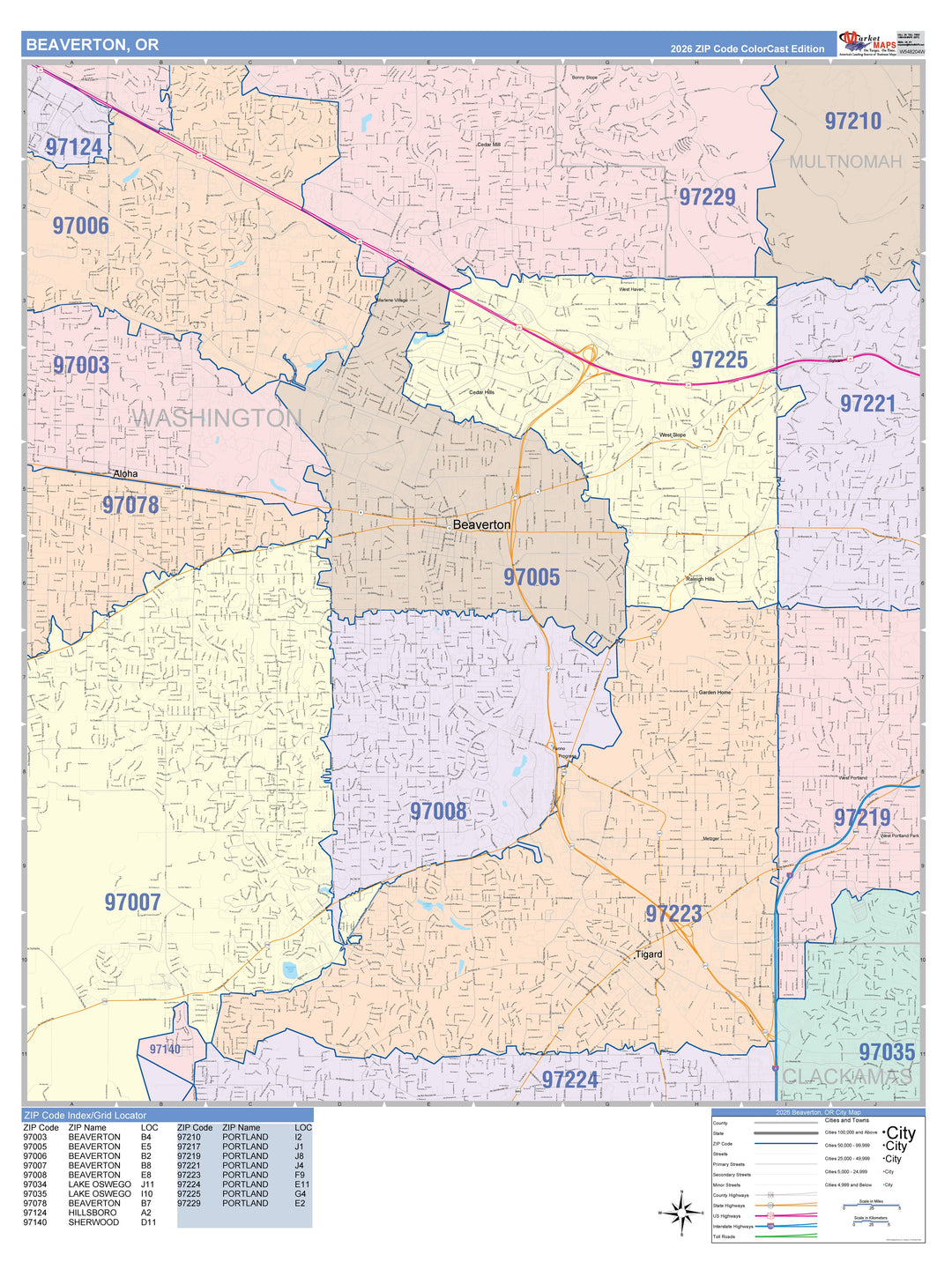 Color Cast Zip Code Style Wall Map of Beaverton, OR
