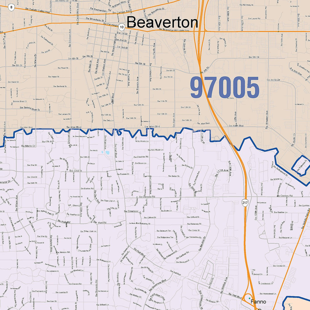 Color Cast Zip Code Style Wall Map of Beaverton, OR