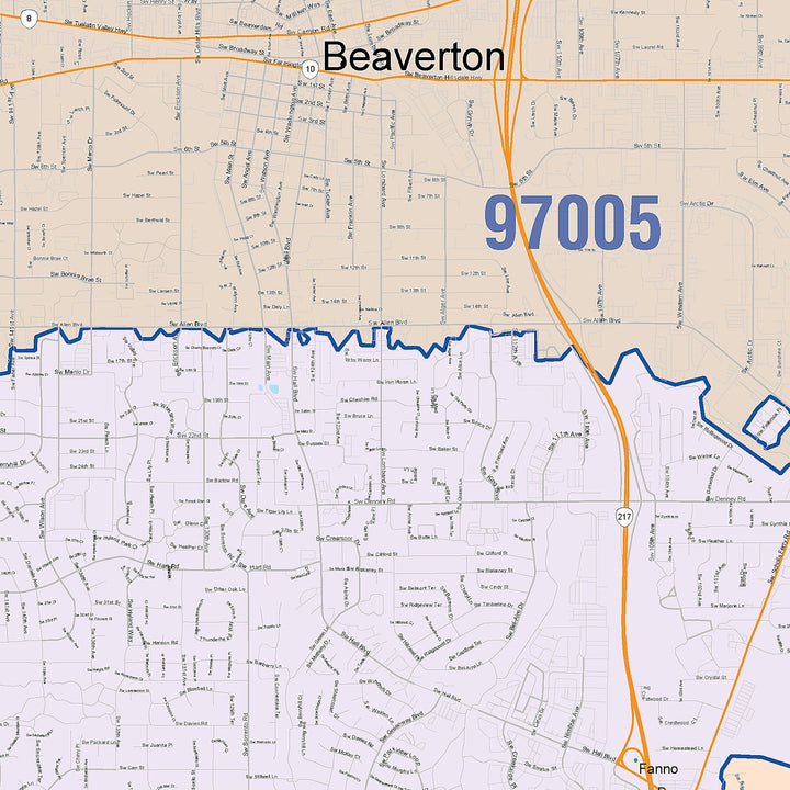 Color Cast Zip Code Style Wall Map of Beaverton, OR