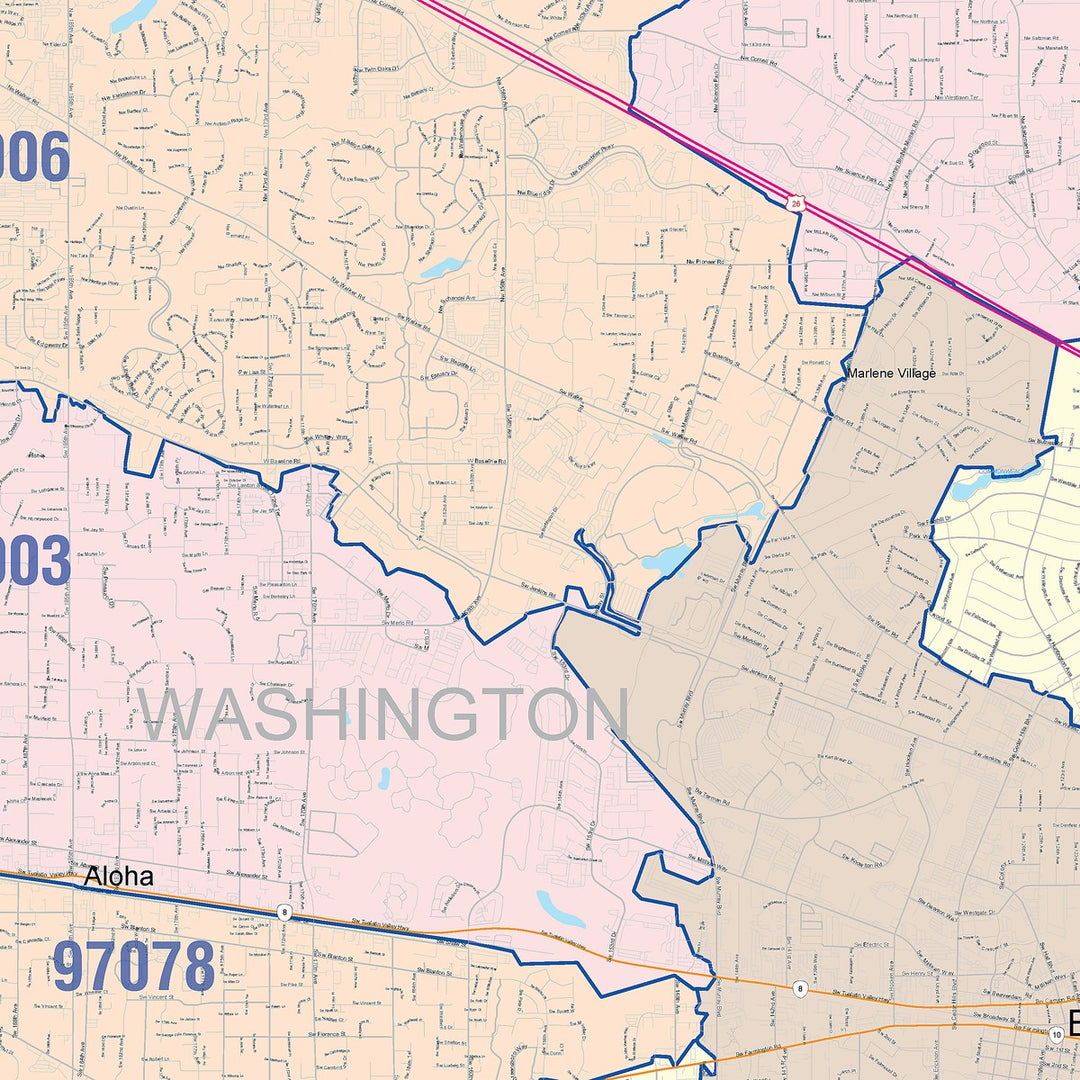Color Cast Zip Code Style Wall Map of Beaverton, OR