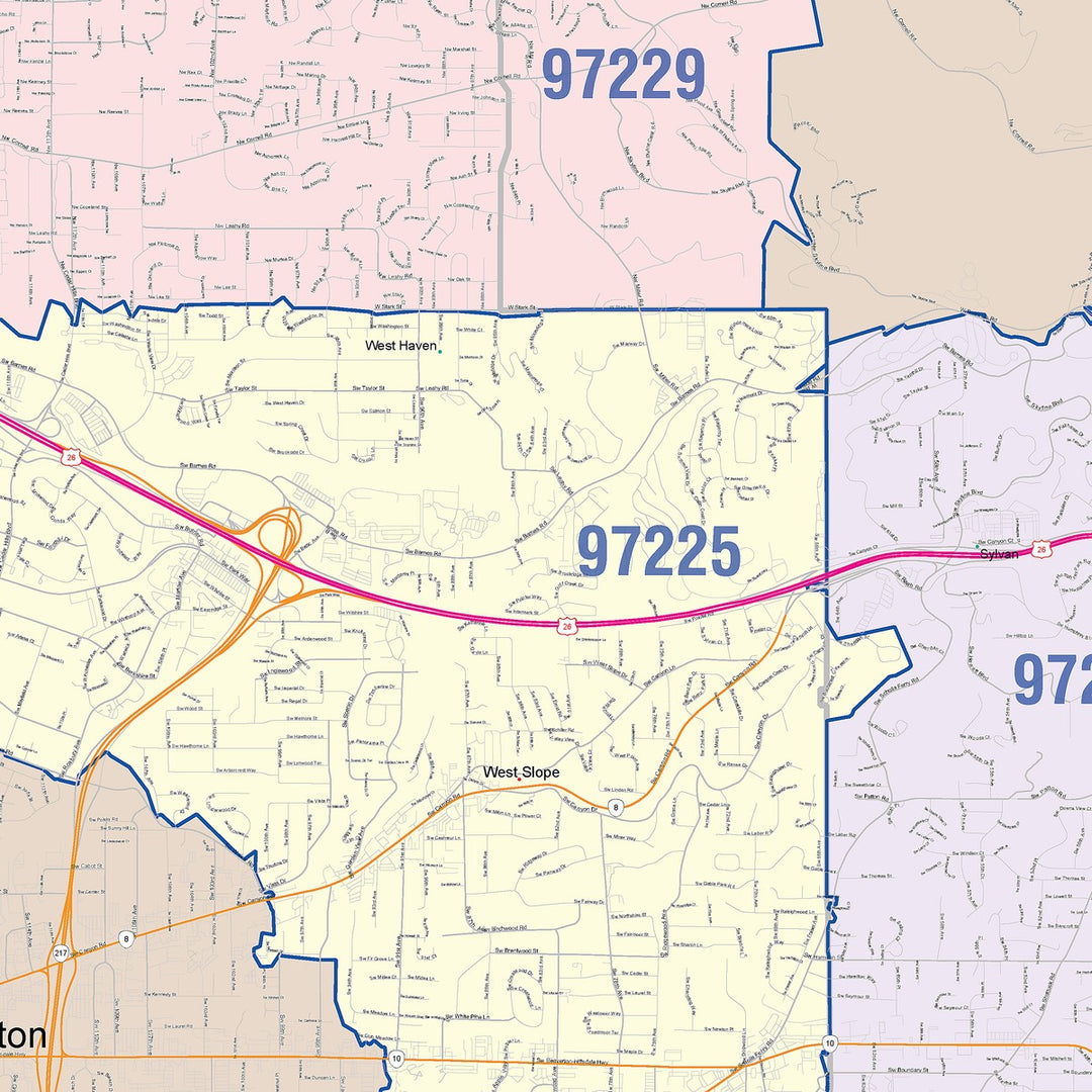 Color Cast Zip Code Style Wall Map of Beaverton, OR