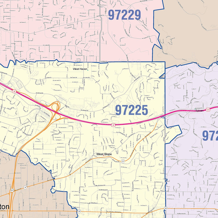 Color Cast Zip Code Style Wall Map of Beaverton, OR