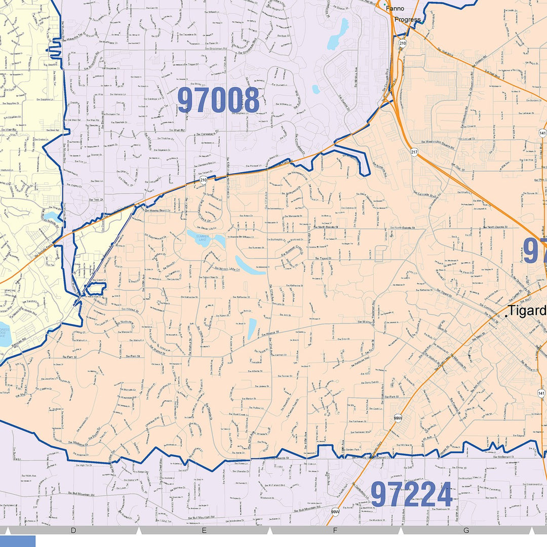 Color Cast Zip Code Style Wall Map of Beaverton, OR