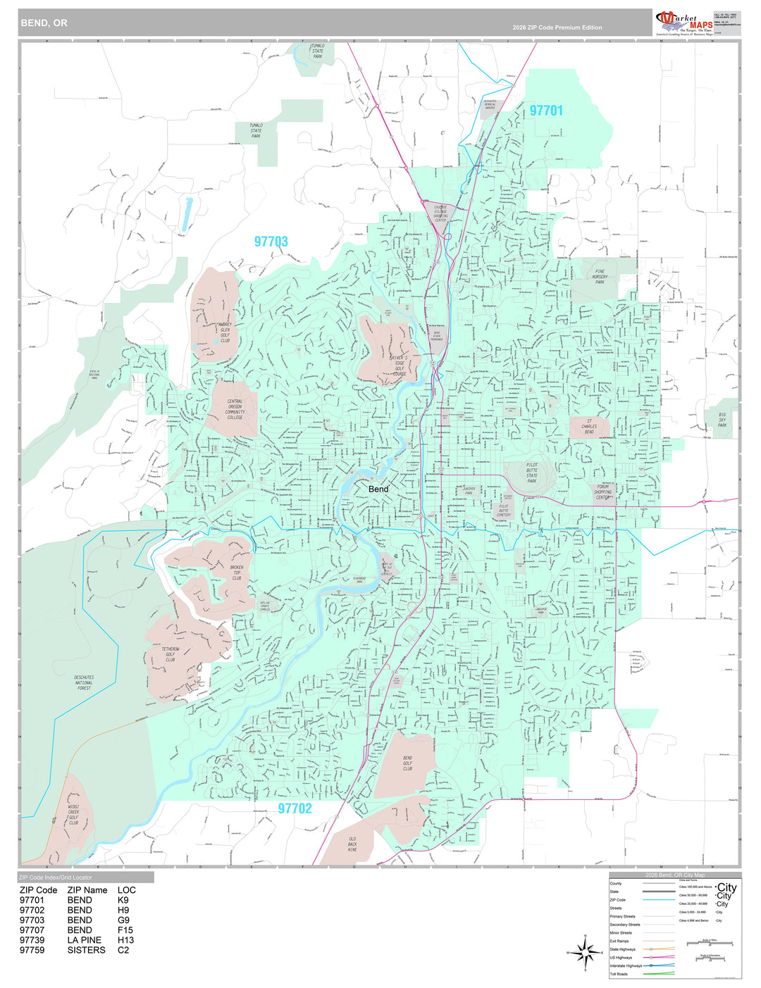Premium Style Wall Map of Bend, OR