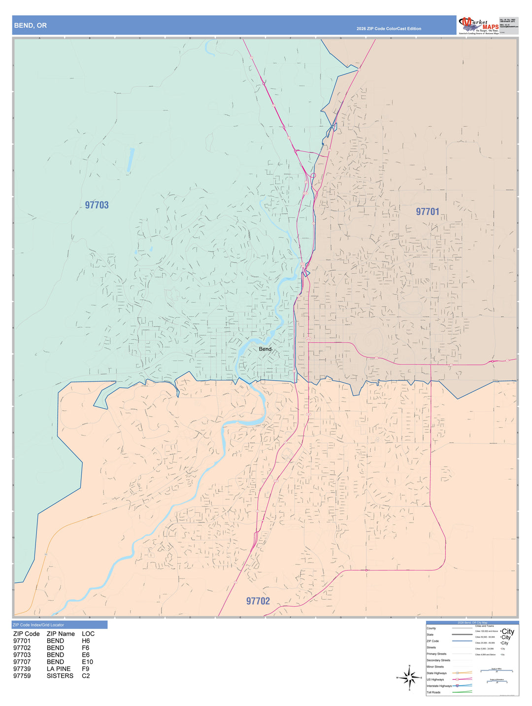 Color Cast Zip Code Style Wall Map of Bend, OR