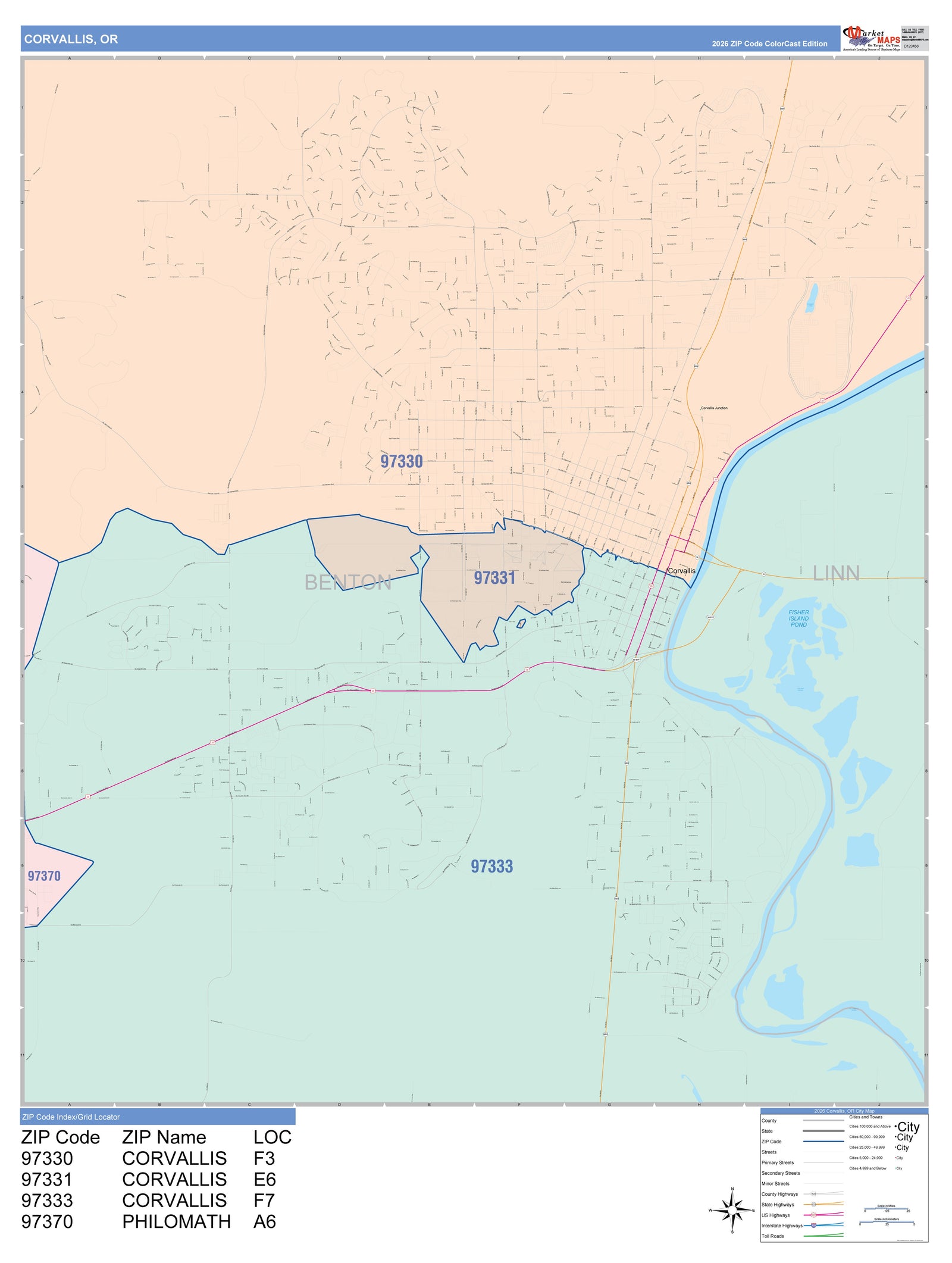 Color Cast Zip Code Style Wall Map of Corvallis, OR