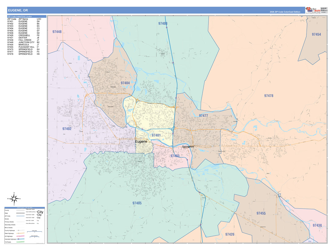 Color Cast Zip Code Style Wall Map of Eugene, OR