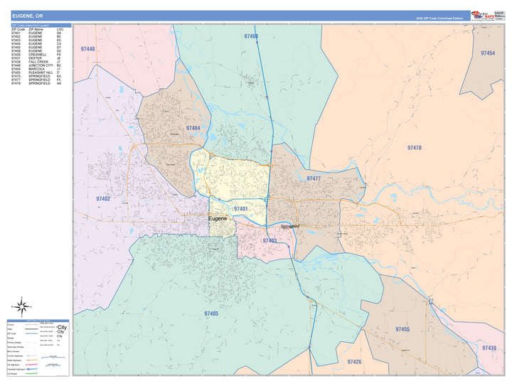 Color Cast Zip Code Style Wall Map of Eugene, OR