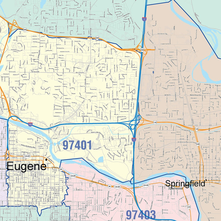 Color Cast Zip Code Style Wall Map of Eugene, OR