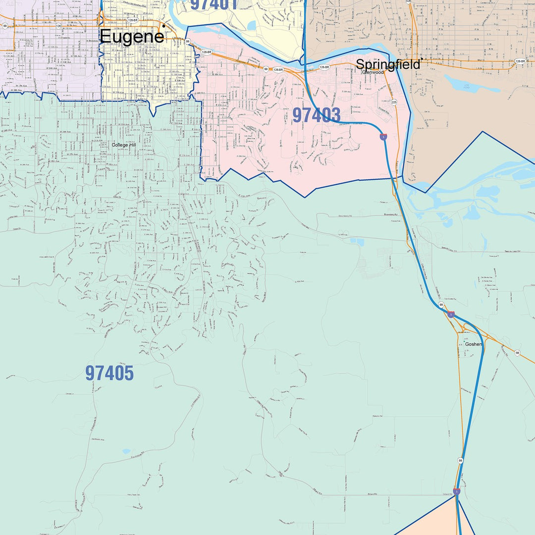 Color Cast Zip Code Style Wall Map of Eugene, OR