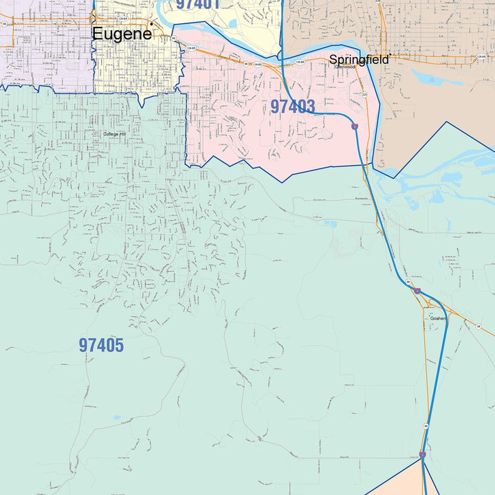Color Cast Zip Code Style Wall Map of Eugene, OR