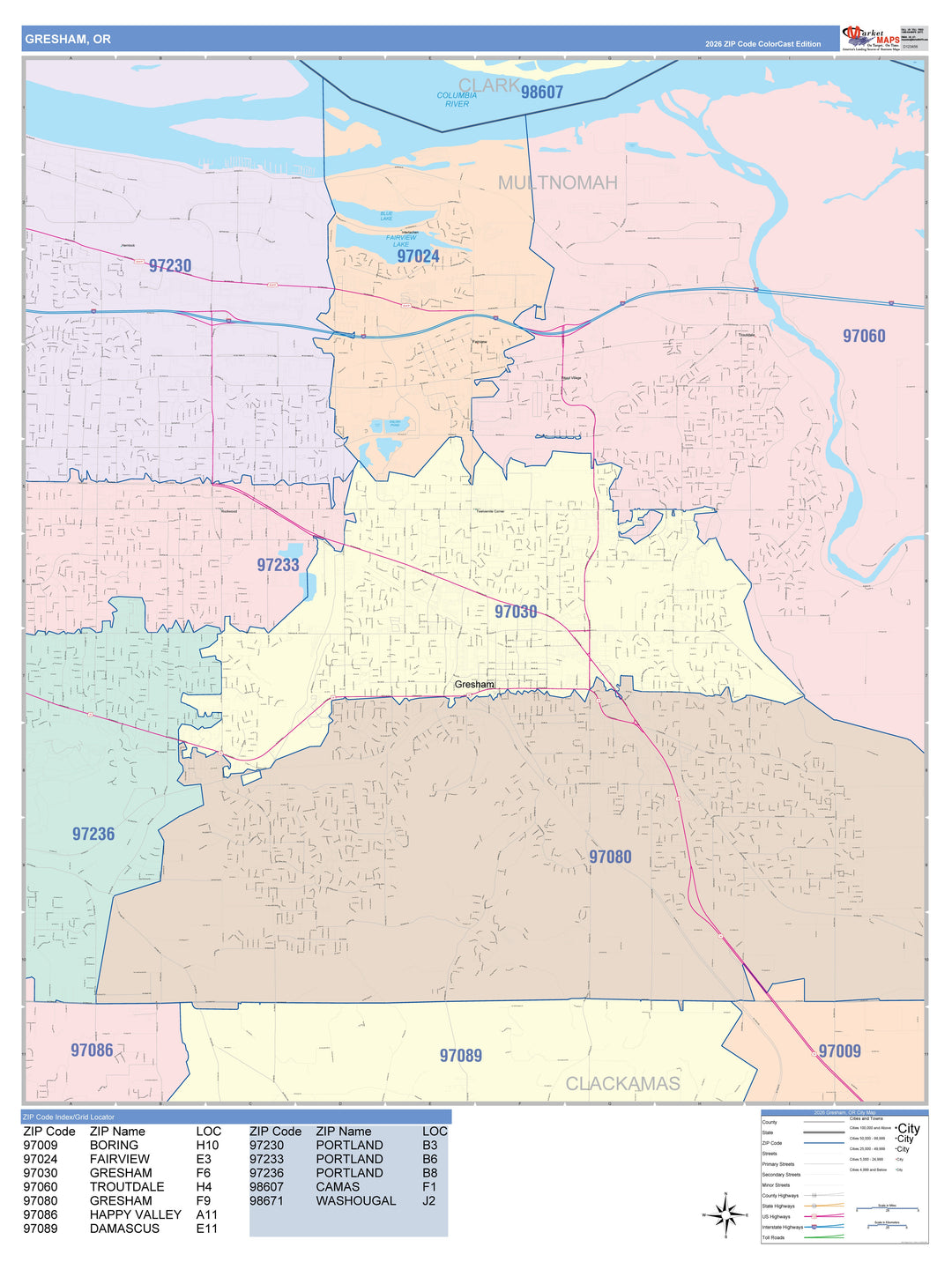 Color Cast Zip Code Style Wall Map of Gresham, OR