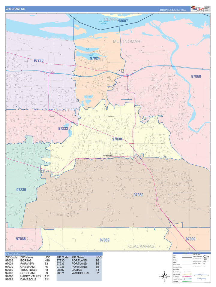 Color Cast Zip Code Style Wall Map of Gresham, OR
