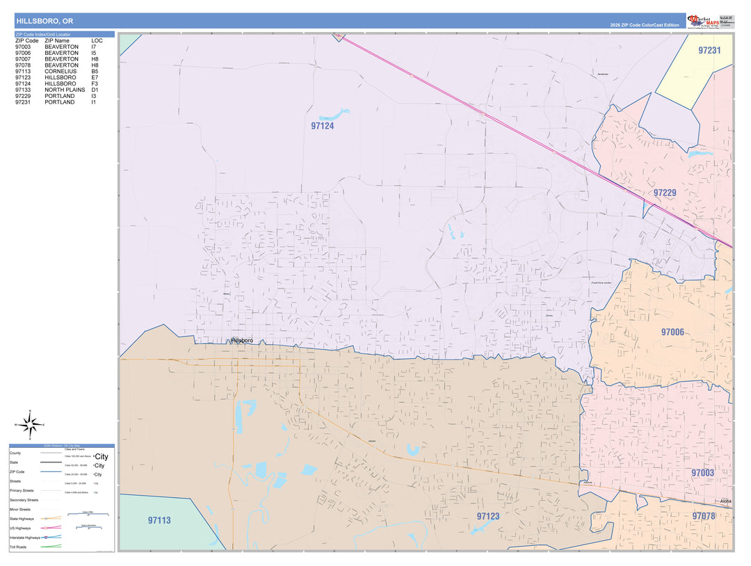 Color Cast Zip Code Style Wall Map of Hillsboro, OR