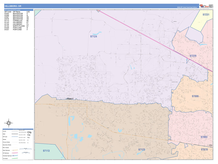 Color Cast Zip Code Style Wall Map of Hillsboro, OR