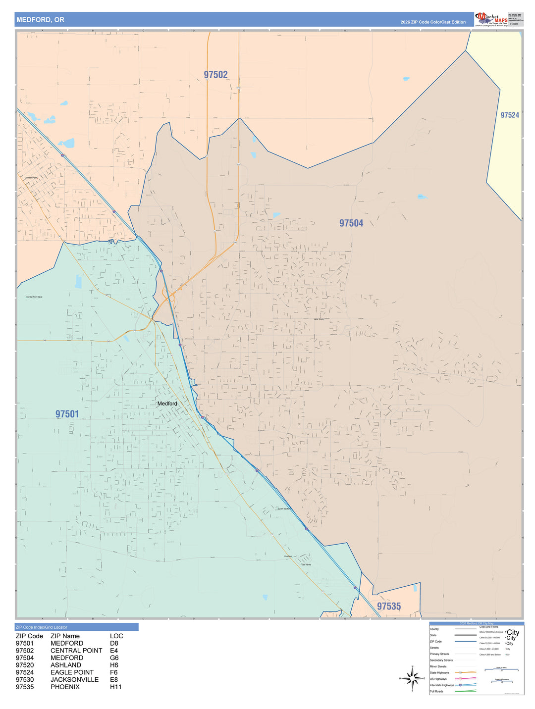 Color Cast Zip Code Style Wall Map of Medford, OR