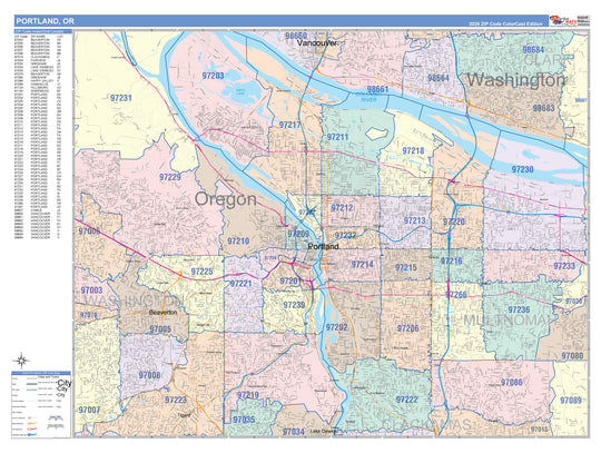 Colorcast Zip Code Style Wall Map of Portland, OR – American Map Store
