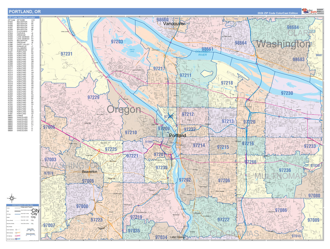 Colorcast Zip Code Style Wall Map of Portland, OR by Market Maps