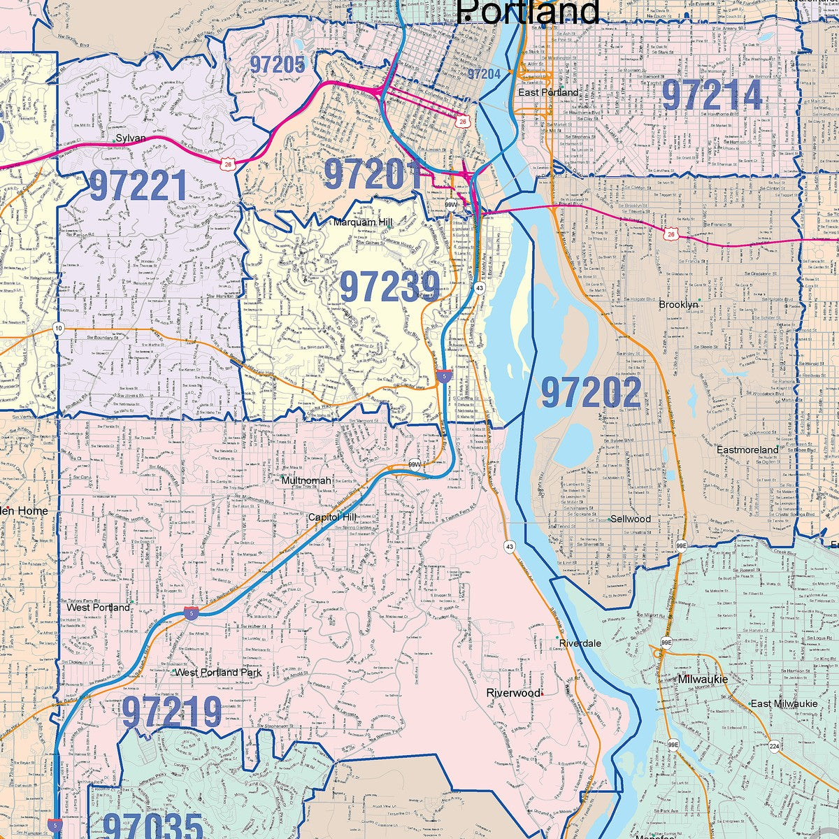Colorcast Zip Code Style Wall Map of Portland, OR – American Map Store