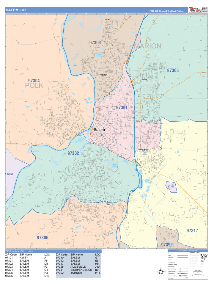 Color Cast Zip Code Style Wall Map of Mount Salem, OR