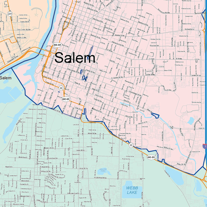 Color Cast Zip Code Style Wall Map of Mount Salem, OR