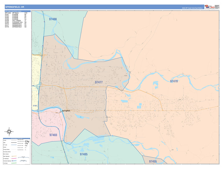 Color Cast Zip Code Style Wall Map of Mount Springfield, OR