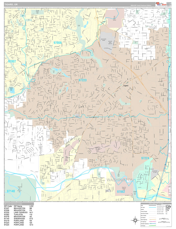 Premium Style Wall Map of Tigard, OR