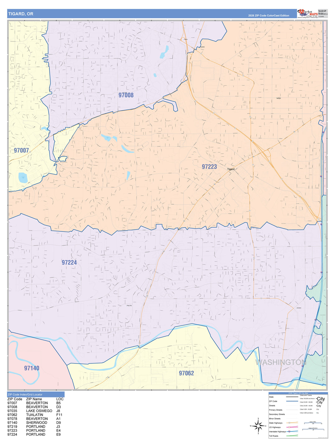 Color Cast Zip Code Style Wall Map of Mount Tigard, OR