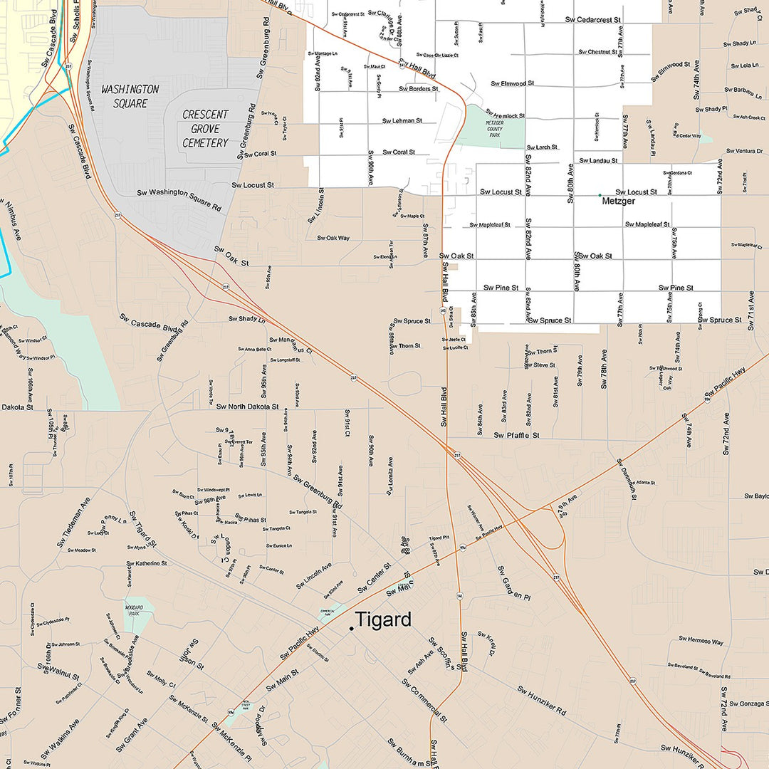Premium Style Wall Map of Tigard, OR