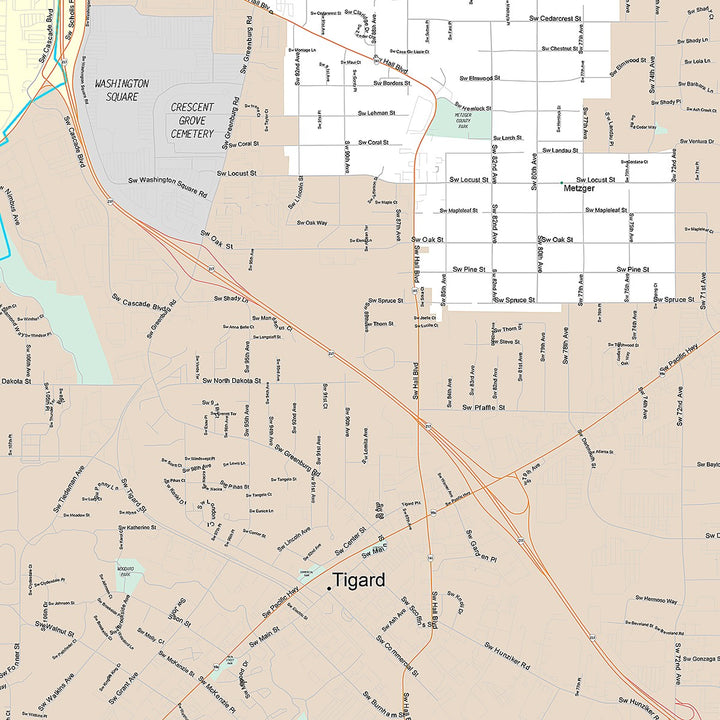 Premium Style Wall Map of Tigard, OR